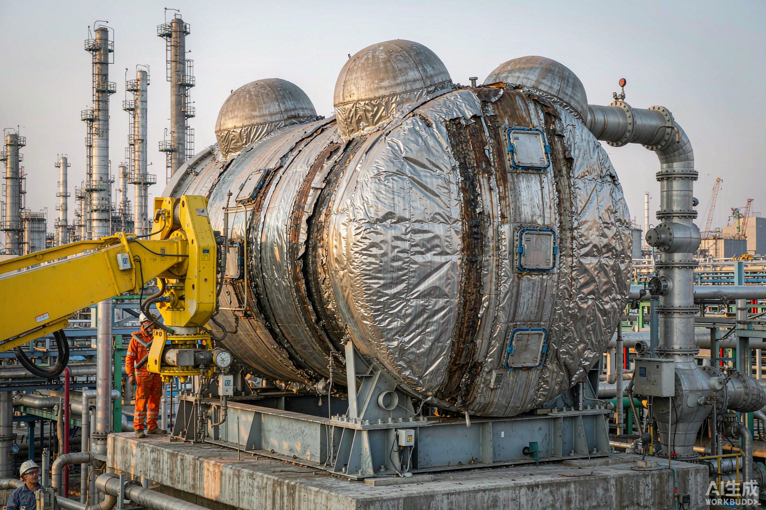 Petrochemical tank with insulation cladding removed, showing CUI